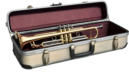 Middle school band instrument case partially opened showing a trumpet, photorealistic, isolated on white background