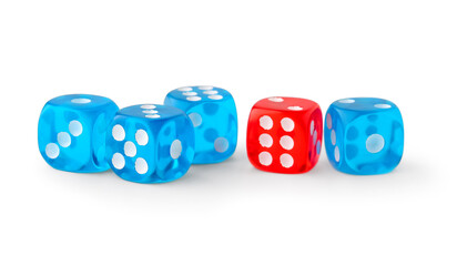 One red game dice among blue ones on white background