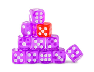 Tower made of game dices on white background
