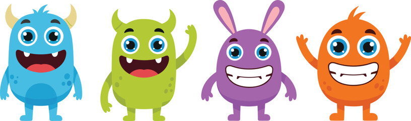 Colorful cartoon monsters, cute and friendly characters, big smiles, perfect for kids' designs, illustrations, creative projects, fun, playful, adorable