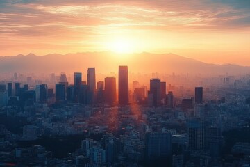 Fototapeta premium Sunset casting golden light over a dense city skyline with numerous high-rise buildings and distant mountains under a partly cloudy sky
