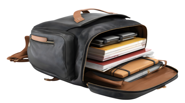 Open backpack with laptop, folders, and a planner inside, photorealistic, isolated on white background