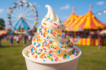 Colorful soft serve vanilla ice cream with sprinkles in a cup at a vibrant outdoor fair with ferris wheel and carnival tent in the background. Ai generative