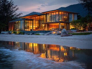 Fototapeta premium A house on the beach with a reflection of the water