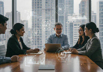 Plakat Diverse group of professionals collaborating in a modern office boardroom with city skyline view