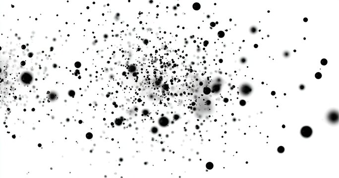 Abstract black circular particles dispersed on a white background, creating a swirling, dynamic effect