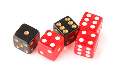 Black and red game dices on white background