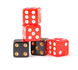 Stack of game dices on white background