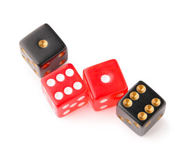 Black and red game dices on white background