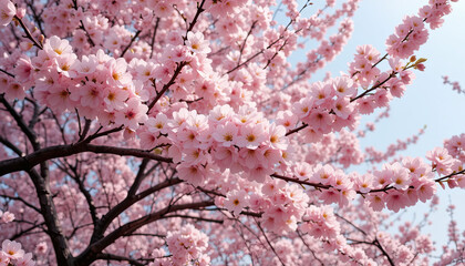 Obraz premium Delicate pink cherry blossoms bloom vibrantly against a clear sky, signifying spring's beauty