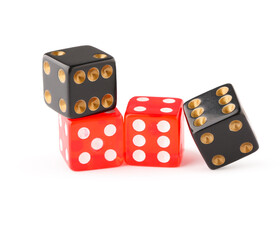 Black and red game dices isolated on white background