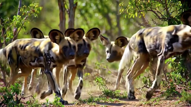 Group of African Wild Dogs Running Through Grassy Terrain Under Dappled Sunlight in a Forest Setting Their Coats Displaying a Unique Pattern of Brown Black and White Fur