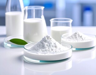White powder in petri dishes next to milk in beakers and bottles on a lab bench