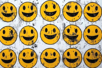 Obraz premium Pattern of fifteen worn yellow smiley faces with black eyes and wide-open mouths on a textured white background expressing happiness