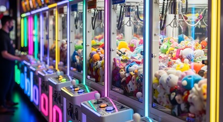 Naklejka premium Neon-Lit Arcade Dreams: A Row of Claw Machines Filled with Plush Prizes