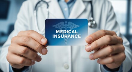 Doctor's hands holding a blue medical insurance card up close