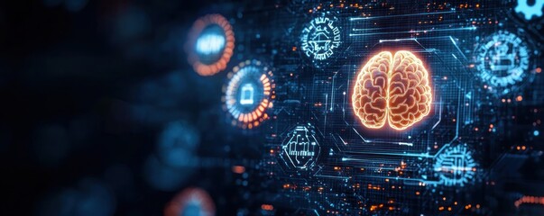 Glowing digital brain surrounded by futuristic technology icons on a dark blue abstract data background representing artificial intelligence and advanced computing