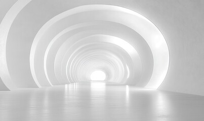 Obraz premium Minimalist white tunnel with concentric circular arches illuminated by soft natural light creating a futuristic and serene atmosphere