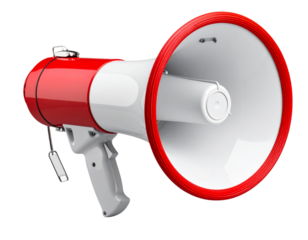 Red megaphone on white background for announcement and communication icon
