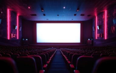 Obraz premium Empty modern movie theater with rows of red and black seats, large blank white screen, and purple-pink neon lighting creating a calm and futuristic atmosphere