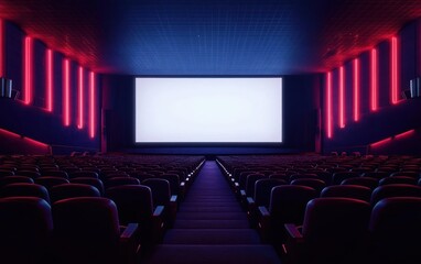 Fototapeta premium Empty modern movie theater with rows of seats and a large blank screen illuminated by red neon lights on the walls