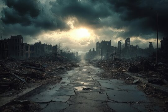 Desolate, cracked road leading through the ruins of a devastated city under a dark, stormy sky with a faint light breaking through heavy clouds