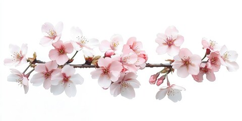 Naklejka premium Delicate pink and white cherry blossom flowers blooming on a slender brown tree branch isolated on white background
