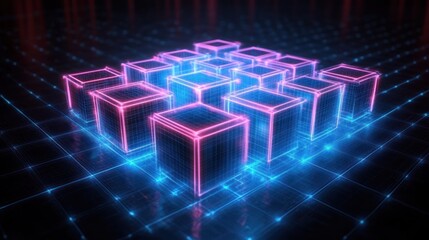 Glowing neon blue and pink futuristic 3D cubes arranged on a digital grid with a holographic and technological atmosphere