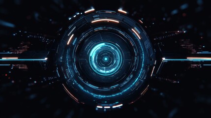 futuristic circular interface with glowing blue and orange digital elements on a dark background representing advanced technology and data processing