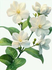 Fototapeta premium Close-up of delicate white jasmine flowers in full bloom with lush green leaves, conveying a sense of purity and natural beauty