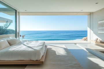 Fototapeta premium A bedroom with a view of the ocean