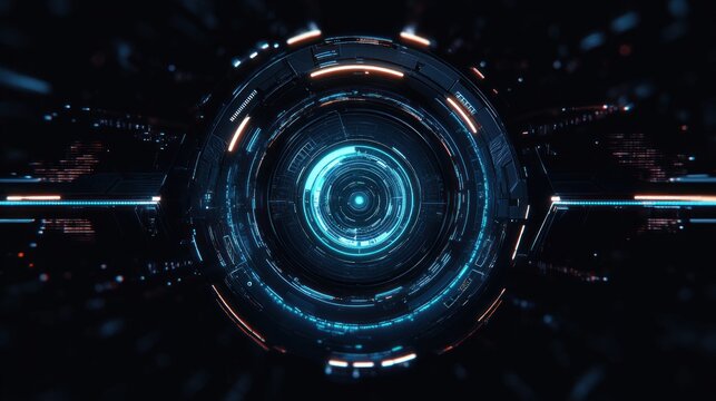 futuristic circular interface with glowing blue and orange digital elements on a dark background representing advanced technology and data processing