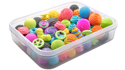 Plastic bin filled with sensory toys - fidget spinners, squishies, and textured balls, photorealistic, isolated on white background