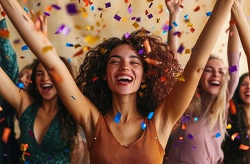 Obraz premium Group of young women joyfully celebrating with arms raised and colorful confetti falling around them at a lively party