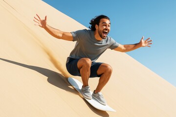 Man sandboarding down golden desert dune with excitement and joy under clear blue sky, showcasing thrill and freedom of outdoor adventure fun. Ai generative