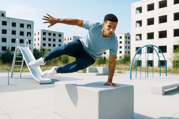 Athletic man practicing parkour in urban playground with modern structures under bright daylight, performing trick over concrete block. Ai generative. Ai generative