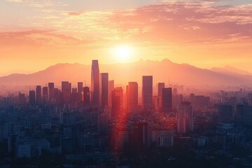 Sunset over a dense urban skyline with tall skyscrapers silhouetted against glowing orange sky and distant mountain range