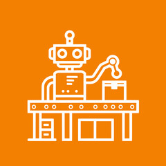 Flat Line Icon – Robot Working on Box Shipping Assembly Line