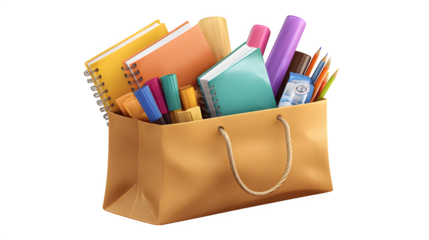 School supply shopping bag filled with folders, glue sticks, and notebooks, photorealistic, isolated on white background