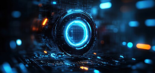 Glowing blue circular futuristic digital interface with neon lights and holographic elements in a dark high-tech environment