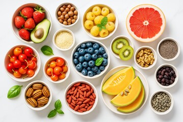 Colorful assortment of fresh fruits, seeds, and nuts in white bowls on a bright background, arranged in a healthy food flat lay composition.