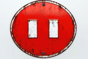 Old weathered red oval metal sign with two white vertical rectangles showing signs of rust and wear