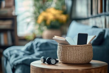 Cozy interior scene with a woven basket holding an open book and smartphone on a wooden table next to headphones, soft couch and blurred yellow flowers in background