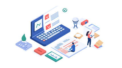 Isometric financial workspace with laptop displaying graph and checklist, people analyzing documents, calculator and stationery in minimalist flat style vector illustration