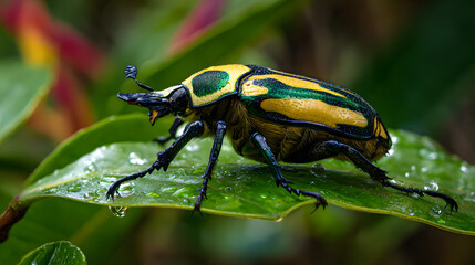 Naklejka premium Rare animal Goliath beetle (Goliathus goliatus) perched on a vibrant green leaf in the heart of a lush tropical rainforest.