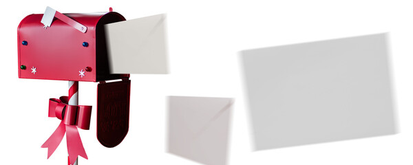 A red mailbox with a bow on it is open to reveal two white envelopes
