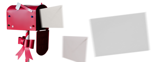 A red mailbox with a bow on it is open to reveal two white envelopes