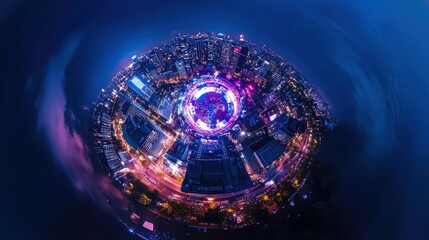 A circular view of a city at night