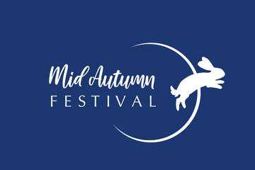 Minimalist vector logo for Mid Autumn Festival: a white rabbit silhouette leaping through a crescent moon on a deep blue background with elegant typography.