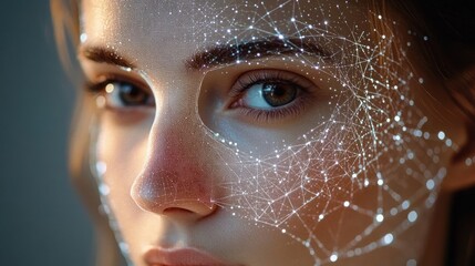 Close-up of a young woman's face with a digital network of interconnected glowing points and lines overlaying her skin, highlighting facial features with an intense and thoughtful expression